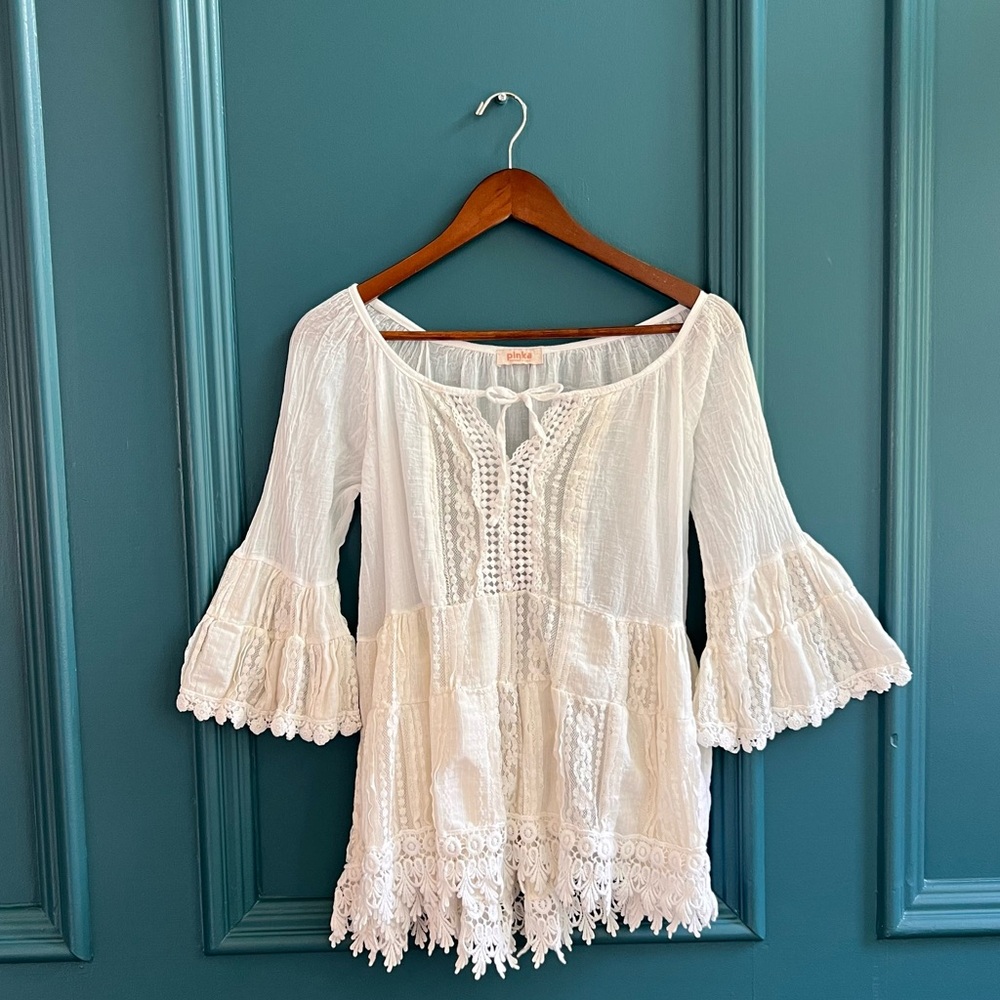 Ivory Lace Flare Long Sleeve Boho Blouse from Pinka